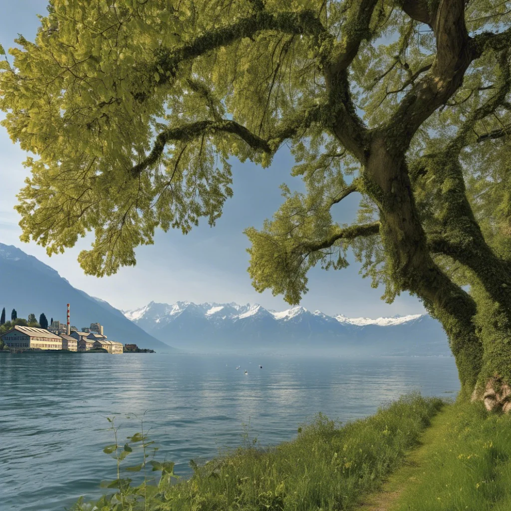 A landscape in the alps with a lake and mountains